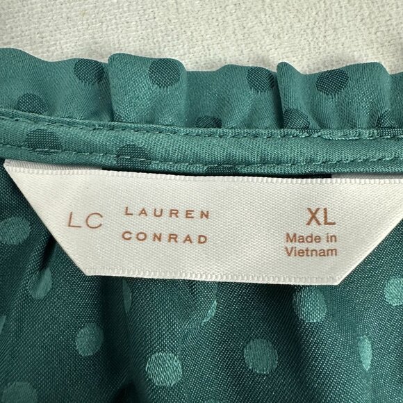 LC Lauren Conrad Green Polka Dot Blouse Size XL Long Sleeve Lightweight Top - Picture 3 of 5
